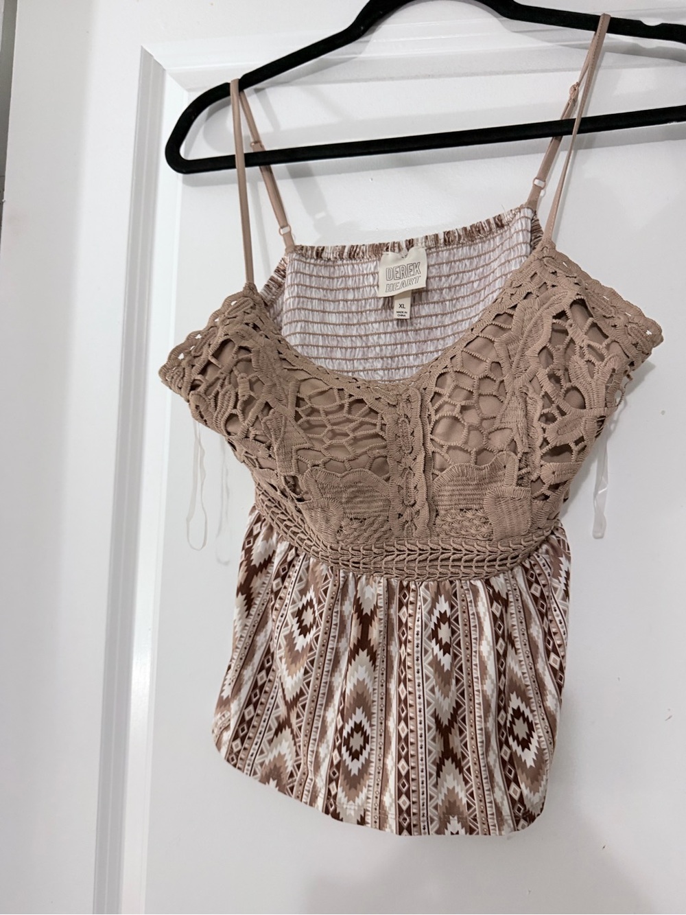 Derek Heart Tan Crochet Bodice Printed Peplum Camisole